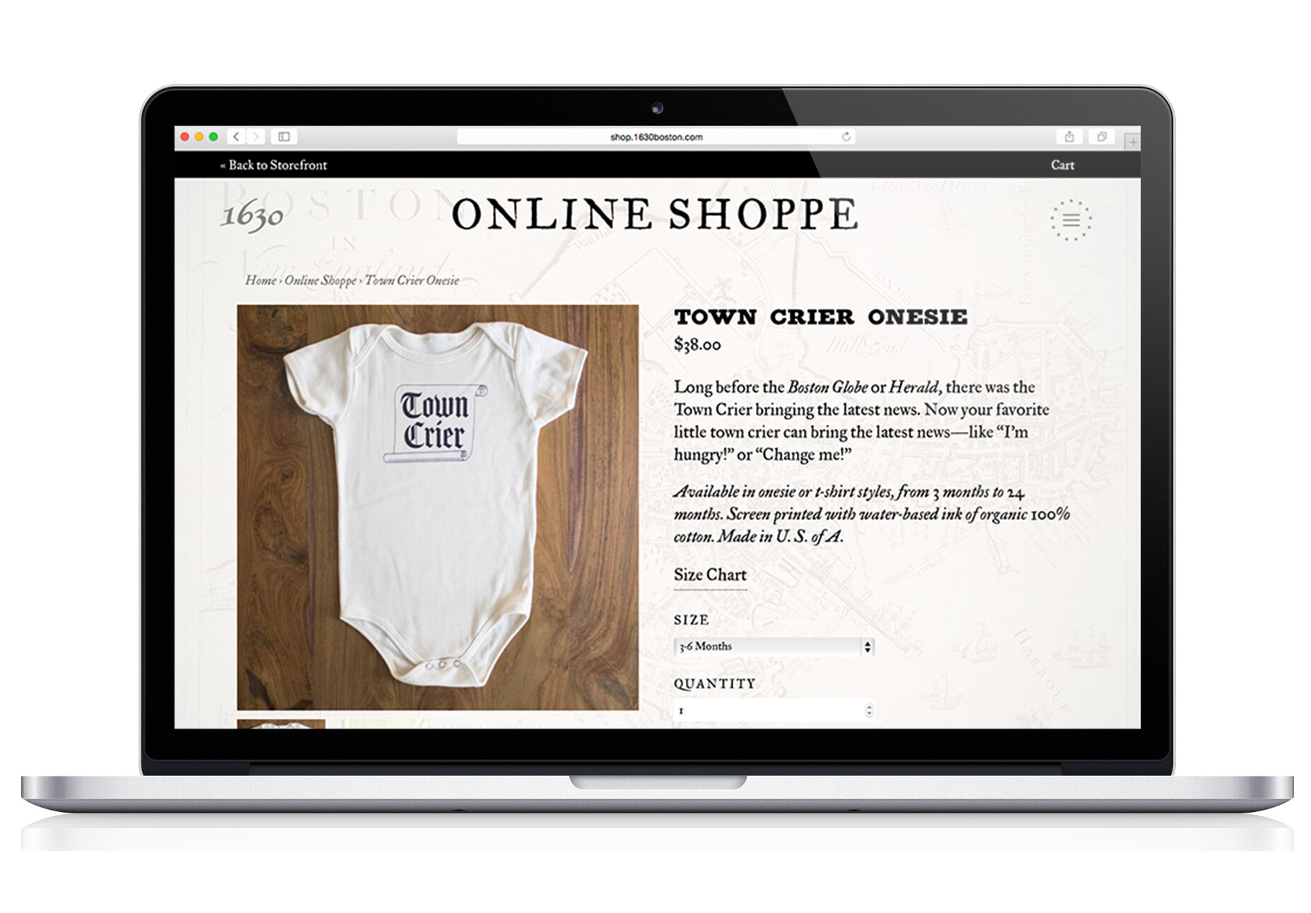 1630 webpage selling a baby’s onesie