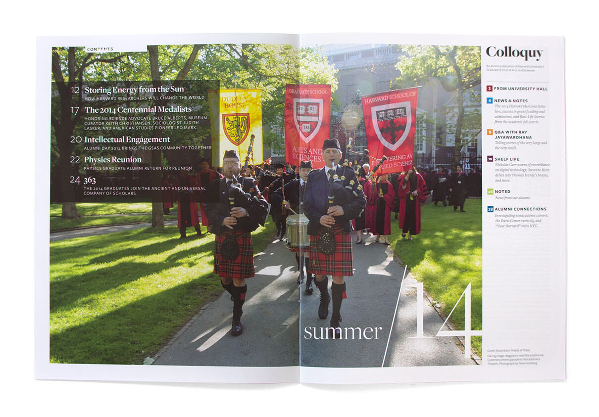 Harvard Colloquy table of contents spread with graduating procession behind