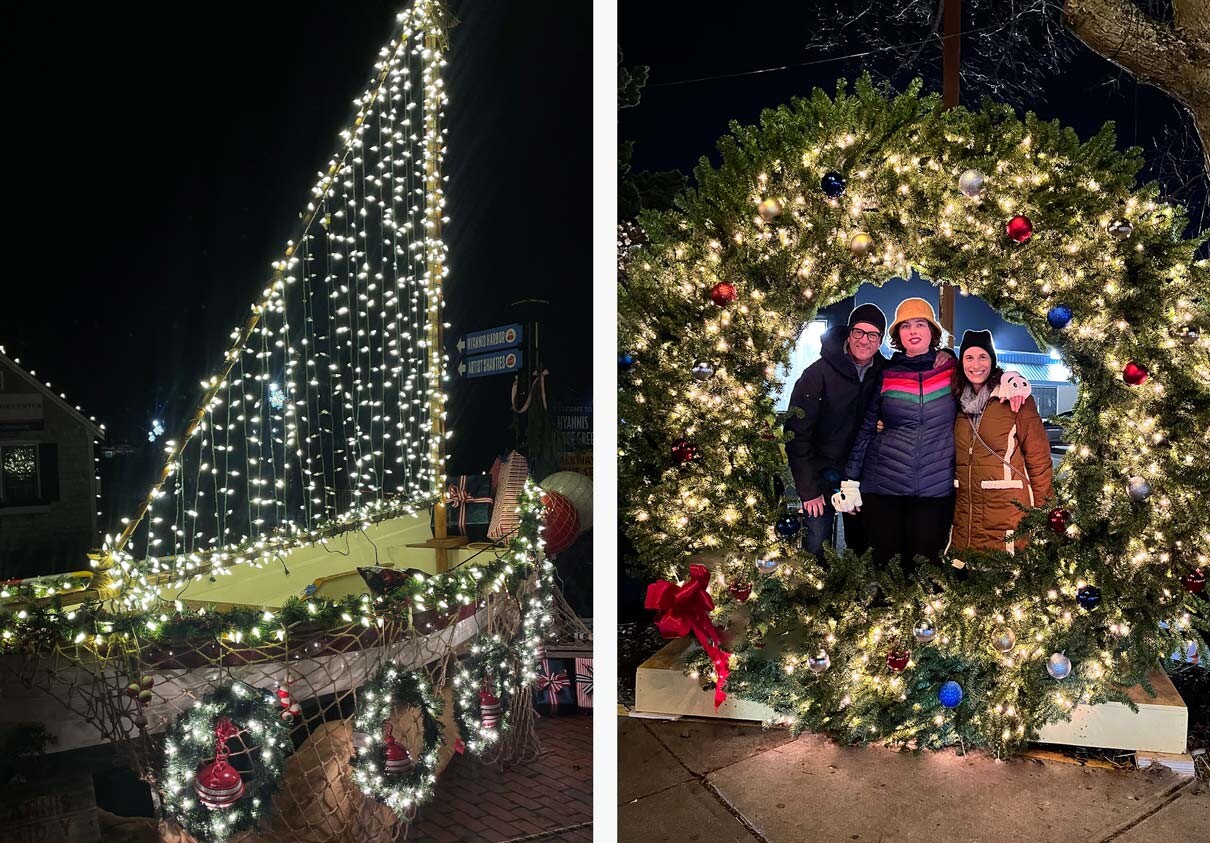 sailboat Christmas tree with lights and family in wreath photo frame